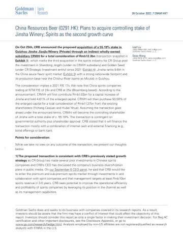 China Resources Beer (0291.HK)_ Plans to acquire controlling stake of Jinsha Winery; Spirits as the second growth curve(1)