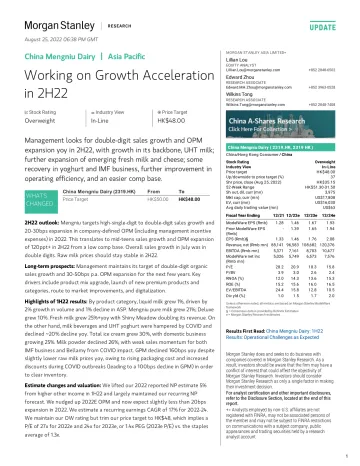 Morgan Stanley-China Mengniu Dairy Working on Growth Acceleration in 2H22