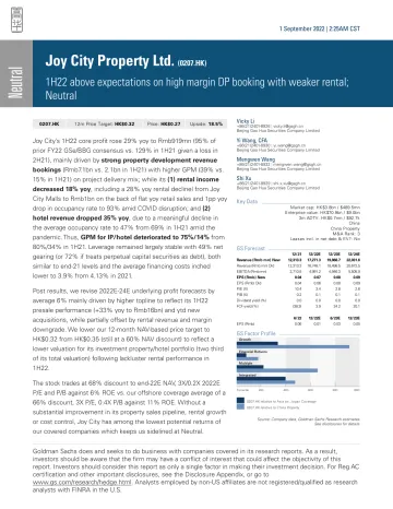 Joy City Property Ltd. (0207.HK)_ 1H22 above expectations on high margin DP booking with weaker rental; Neutral