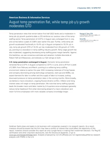 Americas Business & Information Services_ August temp penetration flat, while temp job y_y growth moderates QTD