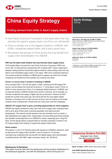 HSBC-中国投资策略-中国股票策略:从亚洲供应链的转变中寻找赢家-2022.6.13-21页