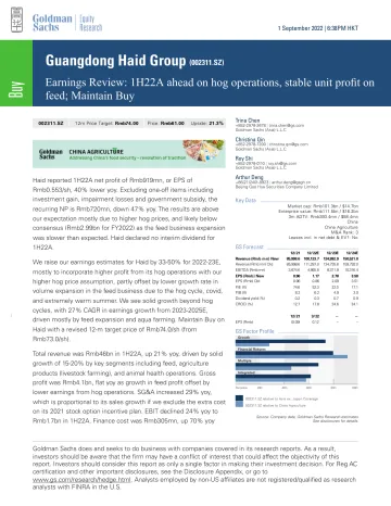 Guangdong Haid Group (002311.SZ)_ Earnings Review_ 1H22A ahead on hog operations, stable unit profit on feed; Maintain Buy(1)_1