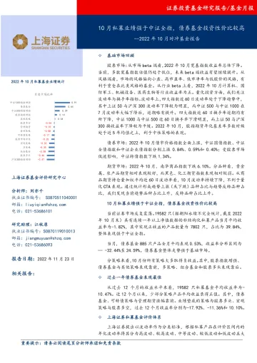2022年10月对冲基金报告:10月私募业绩强于中证全指,债券基金投资性价比较高-20221123-上海证券-16页