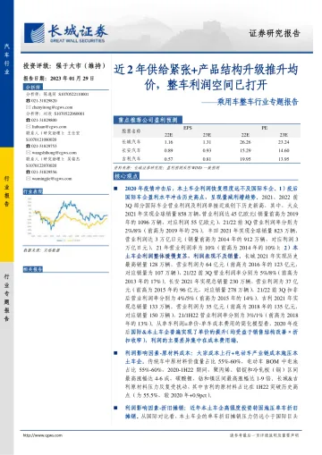 乘用车整车行业专题报告:近2年供给紧张+产品结构升级推升均价,整车利润空间已打开-20230129-长城证券-31页