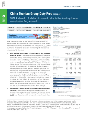 China Tourism Group Duty Free (601888.SS)_ 2Q22 final results. Scale back in promotional activities. Awaiting Hainan normaliz...