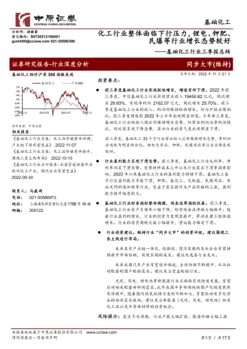 基础化工行业三季报总结:化工行业整体面临下行压力,锂电、钾肥、民爆等行业增长态势较好-20221121-中原证券-17页