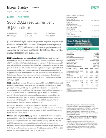 Morgan Stanley-JD.com Solid 2Q22 results, resilient 3Q22 outlook