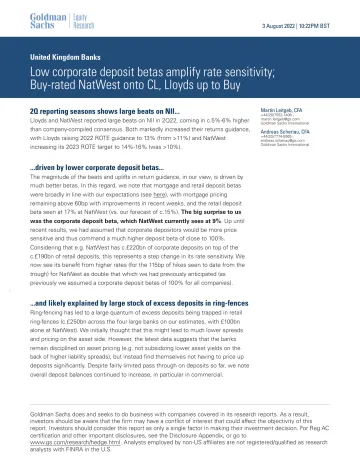United Kingdom Banks_ Low corporate deposit betas amplify rate sensitivity; Buy-rated NatWest onto CL, Lloyds up to Buy(1)