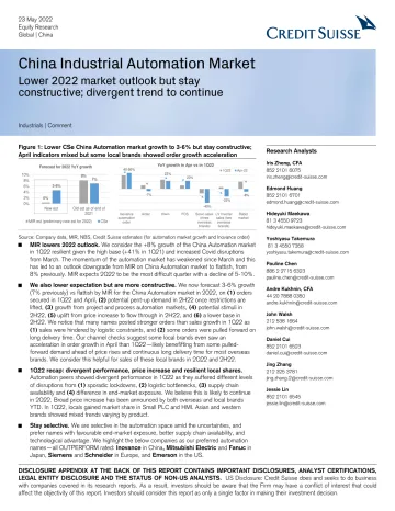 瑞信-中国工业自动化行业-2022年市场前景走低,但保持建设性;分化趋势将持续-2022.5.23-42页