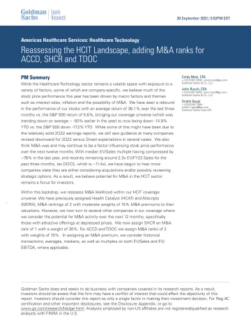 Americas Healthcare Services_ Healthcare Technology_ Reassessing the HCIT Landscape, adding M&A ranks for ACCD, SHCR and TDOC(1)