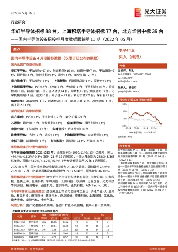电子行业国内半导体设备招投标月度数据跟踪第11期(2022年05月:华虹半导体招标88台,上海积塔半导体招标77台,北方华创中标39台-20220516-光大证券-20页