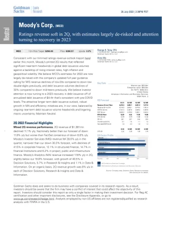 Moody's Corp. (MCO)_ Ratings revenue soft in 2Q, with estimates largely de-risked and attention turning to recovery in 2023(1)