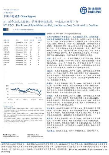 中国必需消费行业:HTI消费品成本指数,原材料价格走弱,行业成本继续下行-20221123-海通国际-16页