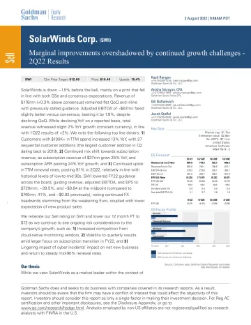 SolarWinds Corp. (SWI)_ Marginal improvements overshadowed by continued growth challenges - 2Q22 Results(1)