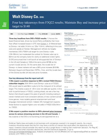 Walt Disney Co. (DIS)_ Four key takeaways from F3Q22 results; Maintain Buy and increase price target to $140(1)