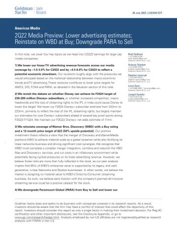 Americas Media_ 2Q22 Media Preview_ Lower advertising estimates; Reinstate on WBD at Buy; Downgrade PARA to Sell(1)