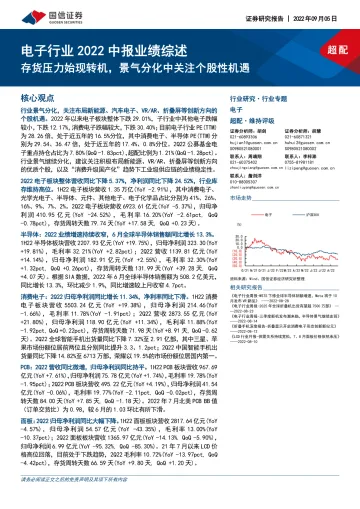 电子行业2022中报业绩综述:存货压力始现转机,景气分化中关注个股性机遇-20220905-国信证券-26页