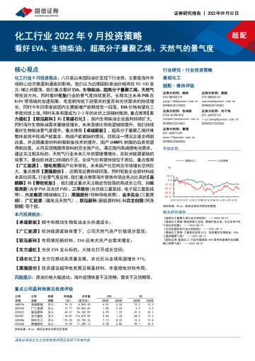 化工行业2022年9月投资策略：看好EVA、生物柴油、超高分子量聚乙烯、天然气的景气度-20220902-国信证券-25页