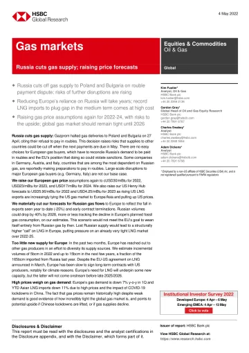 HSBC-全球石油与天然气行业-俄罗斯切断天然气供应;提高价格预测-2022.5.4-30页