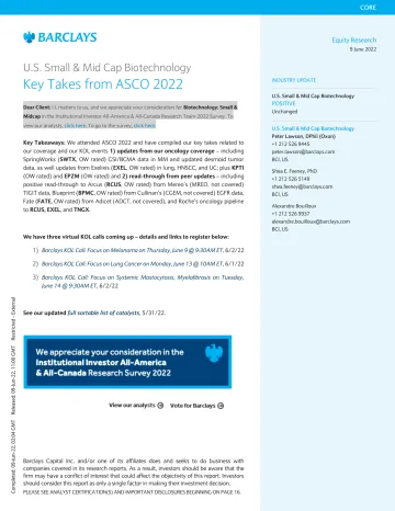 巴克莱-美股生物技术行业-美国中小盘生物技术:2022年ASCO大会的主要收获-2022.6.9-23页