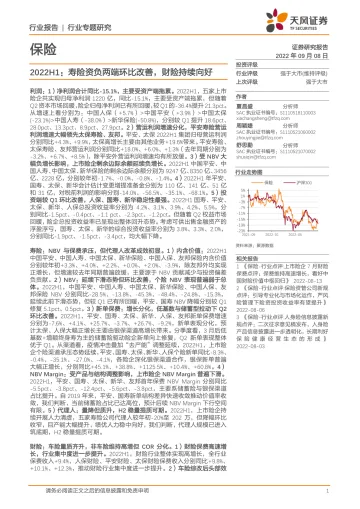 保险行业2022H1:寿险资负两端环比改善,财险持续向好-20220908-天风证券-17页