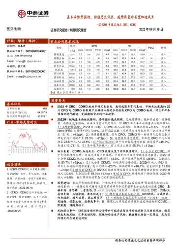 医药生物行业2022H1中报总结之CRO、CDMO:基本面依然强劲,估值历史低位,疫情恢复后有望加速成长-20220918-中泰证券-25页