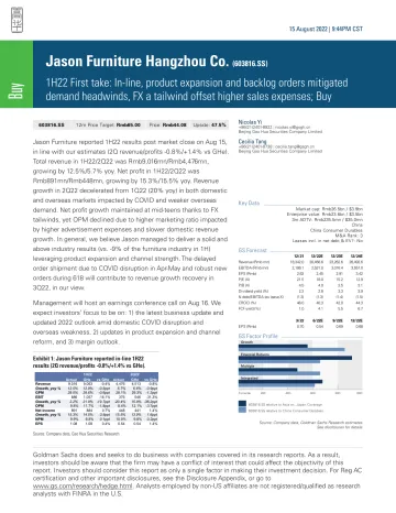 Jason Furniture Hangzhou Co. (603816.SS)_ 1H22 First take_ In-line, product expansion and backlog orders mitigated demand hea...