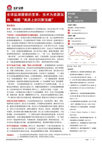 有色金属行业全球盐湖提锂的变革:技术为资源加持,唤醒“高原上的沉默宝藏”-20220704-五矿证券-111页