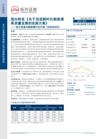 电力设备与新能源行业月报(2022年6月):国办转发《关于促进新时代新能源高质量发展的实施方案》-20220602-东兴证券-24页