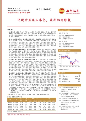 家电行业2022年半年报总结:逆境方显龙头本色,盈利加速修复-20220912-西南证券-22页