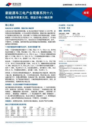 电力设备行业新能源车三电产业观察系列十八：电池盈利修复兑现，锂盐价格小幅反弹-20220905-国信证券-20页