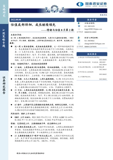 情绪与估值8月第2期:估值底部徘徊,成长继续领先-20220808-国泰君安-18页