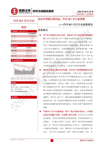 汽车MCU芯片行业深度报告:电动车智能化乘风起,汽车MCU芯片超预期-20220630-国融证券-27页