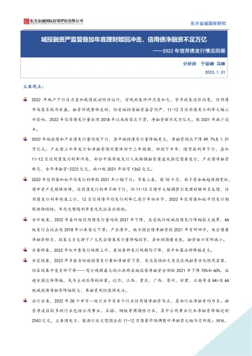 2022年信用债发行情况回顾:城投融资严监管叠加年底理财赎回冲击,信用债净融资不足万亿-20230131-东方金诚-16页