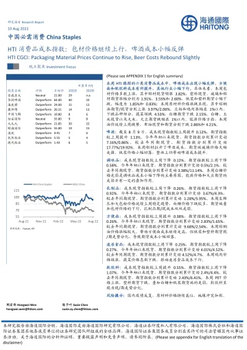 中国必需消费行业:HTI消费品成本指数,包材价格继续上行,啤酒成本小幅反弹-20220810-海通国际-16页