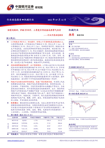 机械行业月度动态报告:供需均转好,PMI齐回升,三季度专用设备或将景气仍存-20220712-银河证券-30页