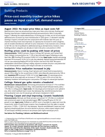 Building Products - Price cost monthly tracker - price hikes pause as input costs fall, demand wanes