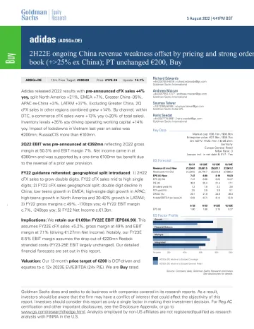 adidas (ADSGn.DE)_ 2H22E ongoing China revenue weakness offset by pricing and strong order book (+_25% ex China); PT unchange...(1)