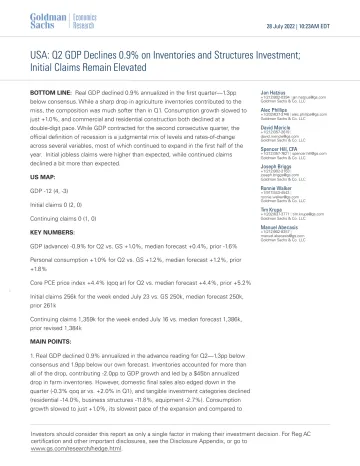 USA_ Q2 GDP Declines 0.9% on Inventories and Structures Investment; Initial Claims Remain Elevated(1)
