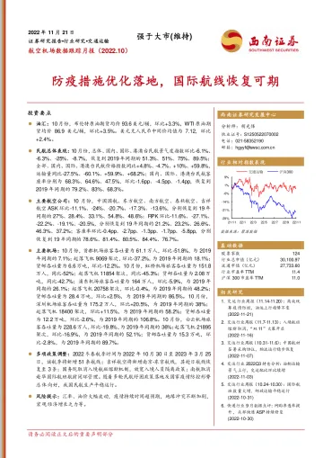 交通运输行业航空机场数据跟踪月报:防疫措施优化落地,国际航线恢复可期-20221121-西南证券-16页