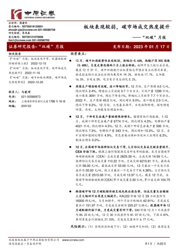 “双碳”月报：板块表现较弱，碳市场成交热度提升-20230117-中原证券-20页