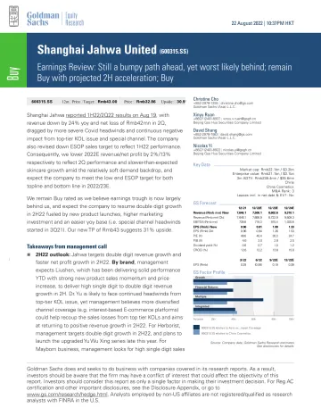 Shanghai Jahwa United (600315.SS)_ Earnings Review_ Still a bumpy path ahead, yet worst likely behind; remain Buy with projec...(1)