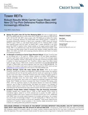 瑞信-美股REITs行业-业绩强劲而运营商资本支出上升;AMT新CS首选-防御性位置变得越来越有吸引力-2022.6.6-25页
