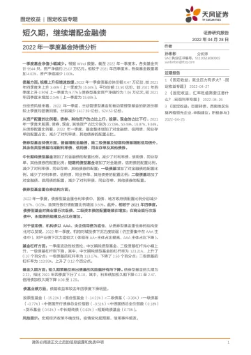 2022年一季度基金持债分析:短久期,继续增配金融债-20220428-天风证券-15页