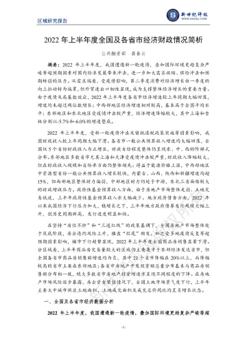 新世纪评级-2022年上半年度全国及各省市经济财政情况简析-13页-WN9