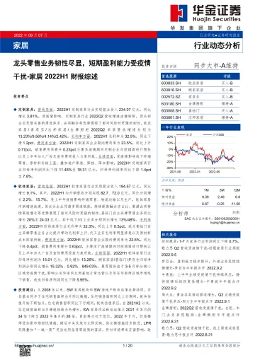 家居行业2022H1财报综述：龙头零售业务韧性尽显，短期盈利能力受疫情干扰-20220907-华金证券-20页