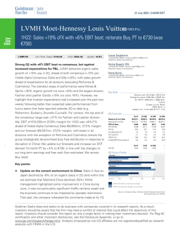 LVMH Moet-Hennessy Louis Vuitton (LVMH.PA)_ 1H22_ Sales +19% cFX with +6% EBIT beat; reiterate Buy, PT to €730 (was €700)(1)