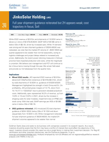 JinkoSolar Holding (JKS)_ Full year shipment guidance reiterated but 2H appears weak; cost trajectory in focus; Sell(1)