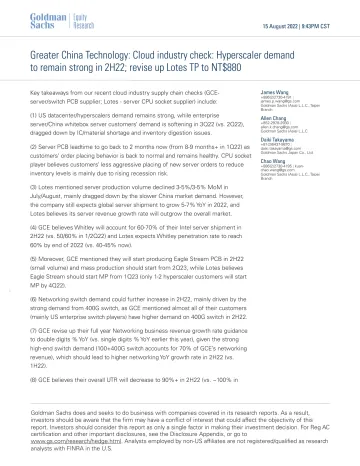Greater China Technology_ Cloud industry check_ Hyperscaler demand to remain strong in 2H22; revise up Lotes TP to NT$880(1)