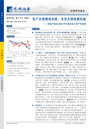 房地产行业板块2021年年报总结之资产负债表:资产负债增速放缓、有息负债规模收缩-20220523-长城证券-31页